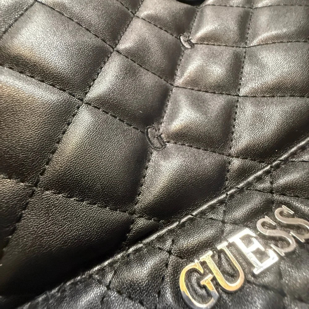 Black Quilted Floral Satchel by GUESS